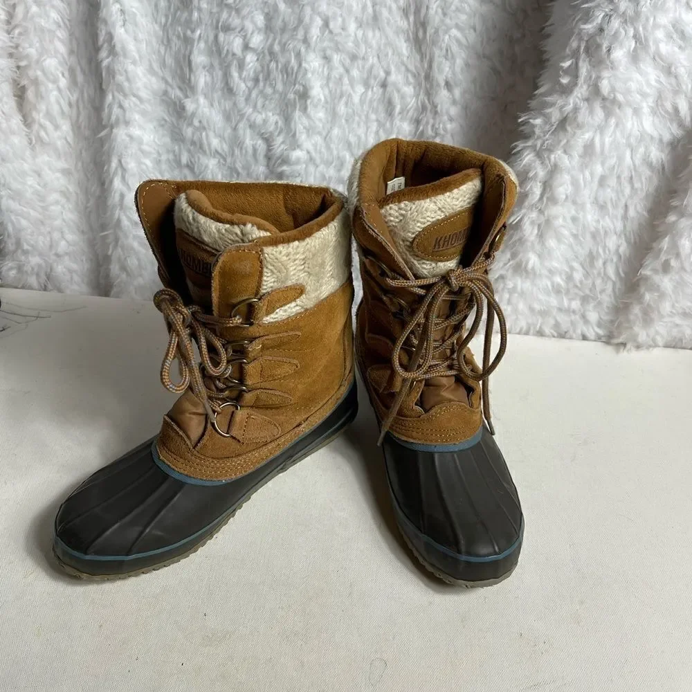 KHOMBU  Cozy brown leather suede,navy blue rubber & beige knit lace up boots SZ7